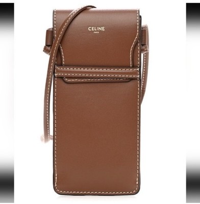 CELINE Brown Solid Flap Phone Pouch Shoulder Bag w/ Logo Stitching Strap. NEW