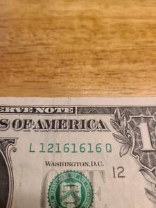 12161616. $1 FRN Fancy Near Super Repeater Serial Number.