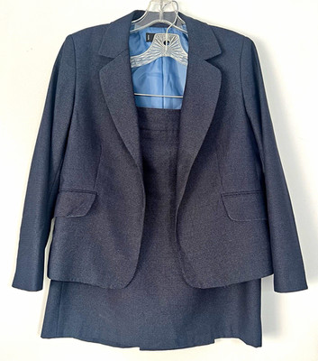Kasper Petites 10P Navy 2-Piece Skirt Suit One-Button Lined Notch Lapel