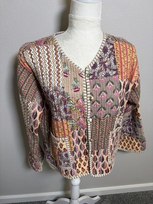 Tan Peach Multi Patchwork Quilted Cotton Short Jacket~L~Handmade Artsy Boho Chic