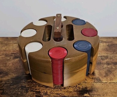 Vintage Poker Chips w/ Wood Caddy & Round Faux Alligator Case Red White Blue