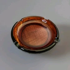 Vintage Amber Glass Round Cigar Cigarette Ashtray Mid Century Diamond Pattern 8"