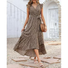 FreshPrettySummer Floral Maxi Dress for Women Vacation Ruffle Sleeve V Neck Belt