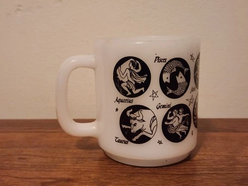 1970s Milk Glass Horoscope Zodiac Astrology Symbols Mug Vintage