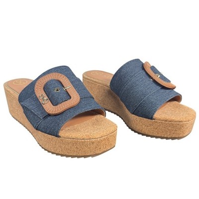 Sam & Libby Denim Cork Platform Wedge Slide Sandals Blue Buckle Size 8.5