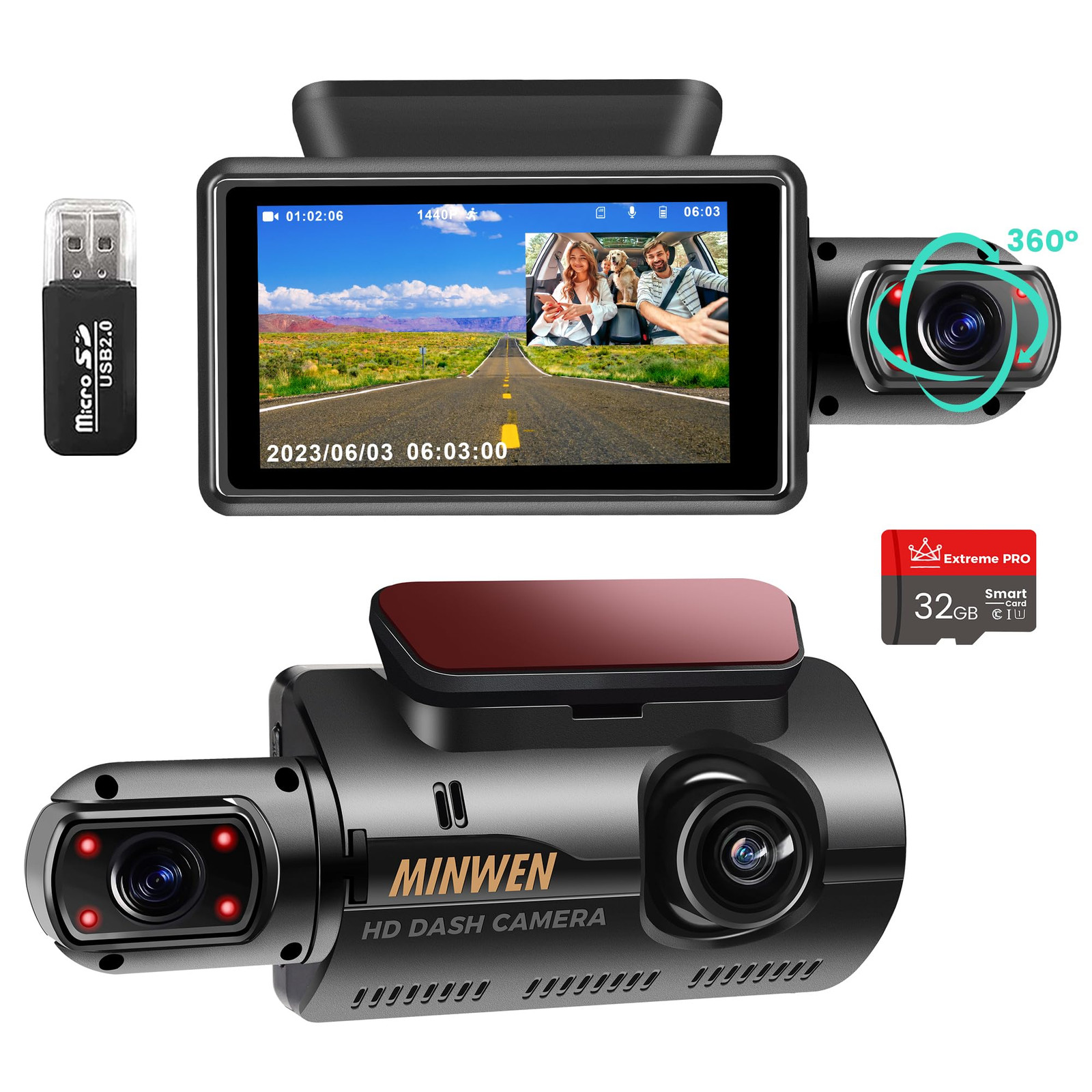 1080P Full HD Dash Cam for Cars with 3-Inch Screen, Front and Inside Recording
