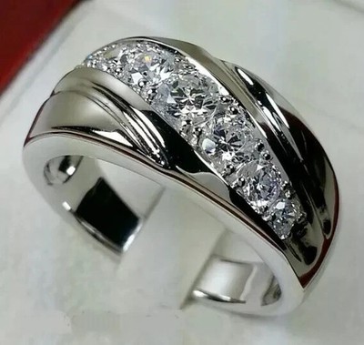 Men's Band Ring Round Cut Real Moissanite Engagement 14k White Gold Plated
