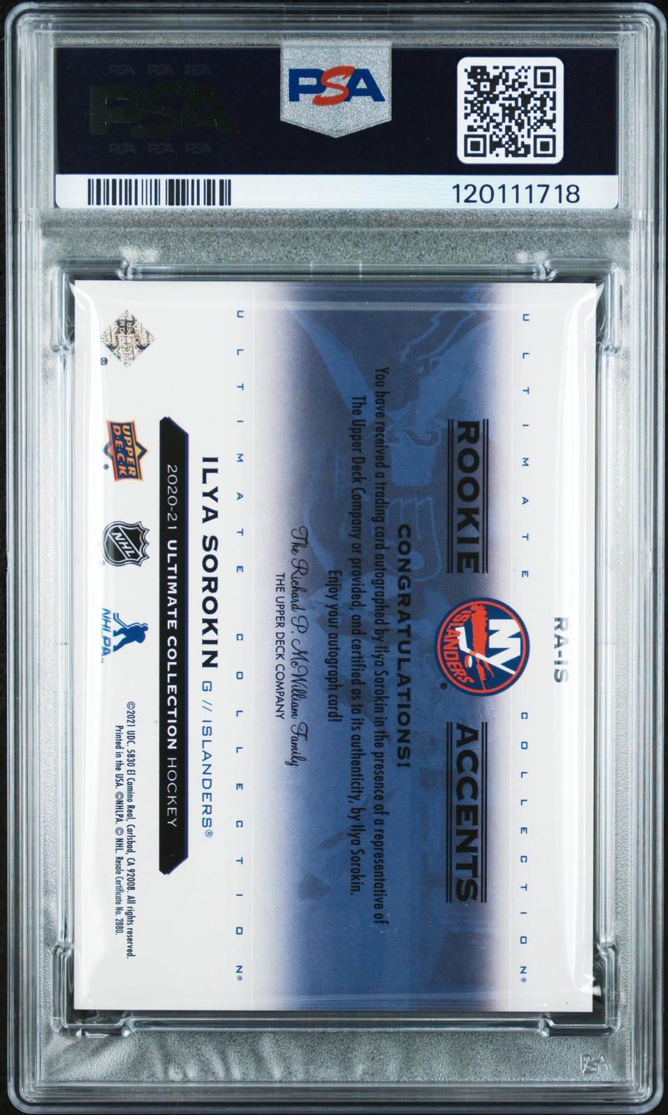 2020 UD ULTIMATE COLLECTION ROOKIE ACCENTS ILYA SOROKIN 12/35 PSA 8 AUTO 10 view 2