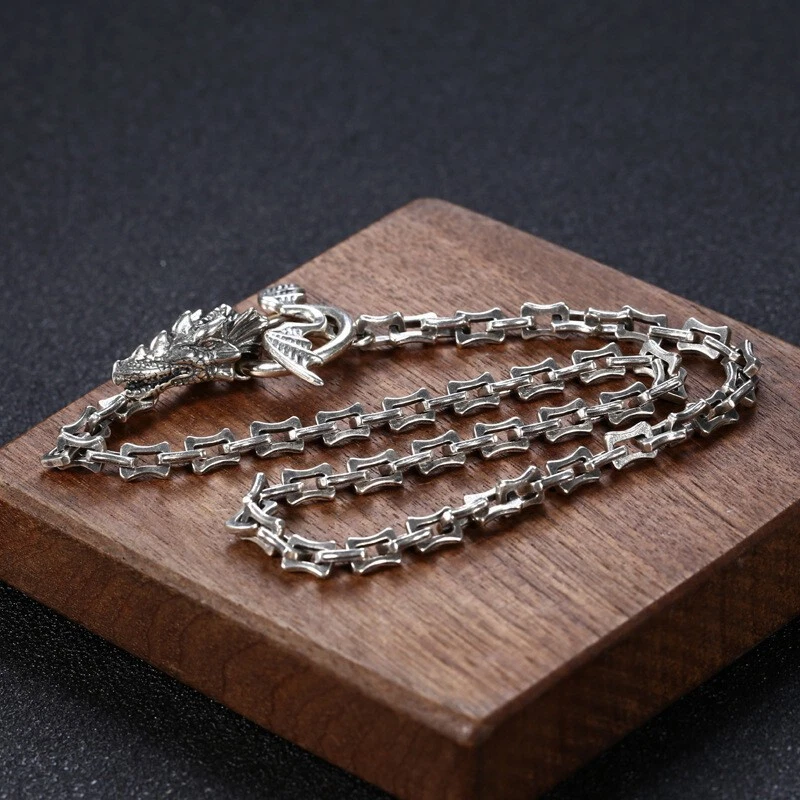 Collar de cadena de eslabones en forma de hueso con cabeza de dragón de plata esterlina gótico vintage Foto 2 de 4