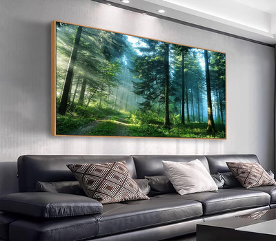 Framed Green Forest Canvas Art - Sunlight Through Pine Trees, 24'' X 48