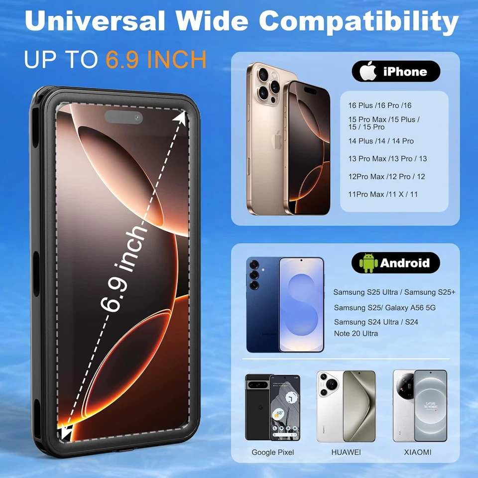 Waterproof Phone Case IPX8 100ft/30M Fits iPhone Samsung Up to 6.9" for Swimming - Image 3 of 4