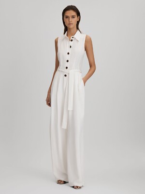 REISS Perla Jumpsuit mit weitem Bein und Gürtel in Weiß