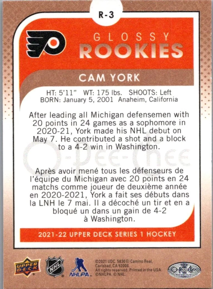 2021-22 Upper Deck #R-3 Cam York O-Pee-Chee Glossy Rookies Gold - Image 2 of 2