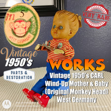 Vintage 1950's CARL Wind-Up Mother  Baby Original Monkey Head West Germany