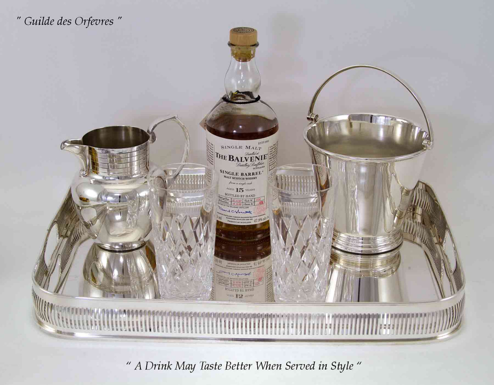 Silver Oblong Gallery Tray, Ice Pail, Jug & Orrefors Thumblers, Diamond ...