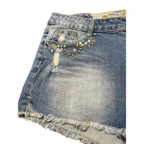 Vanilla Star Bootie Denim Jean Shorts Raw Hem Rhinestones Studs Distressed Sz 13 - Picture 2 of 5