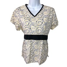 Comfy Cotton Womens Scrub Top Size M White with Black Yellow Dots Pockets V neck