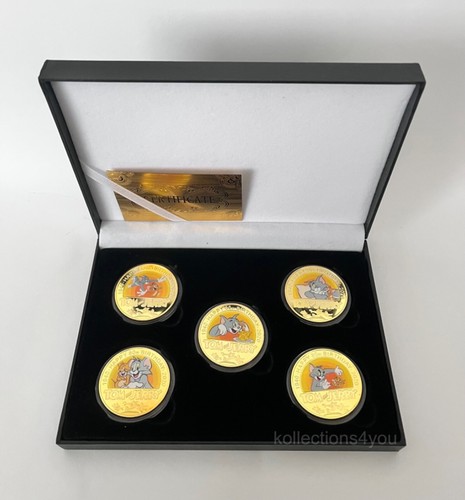 OFFICIAL TOM AND JERRY GOLD PLATED COMMEMORATIVE COIN SET 5 NEW COINS