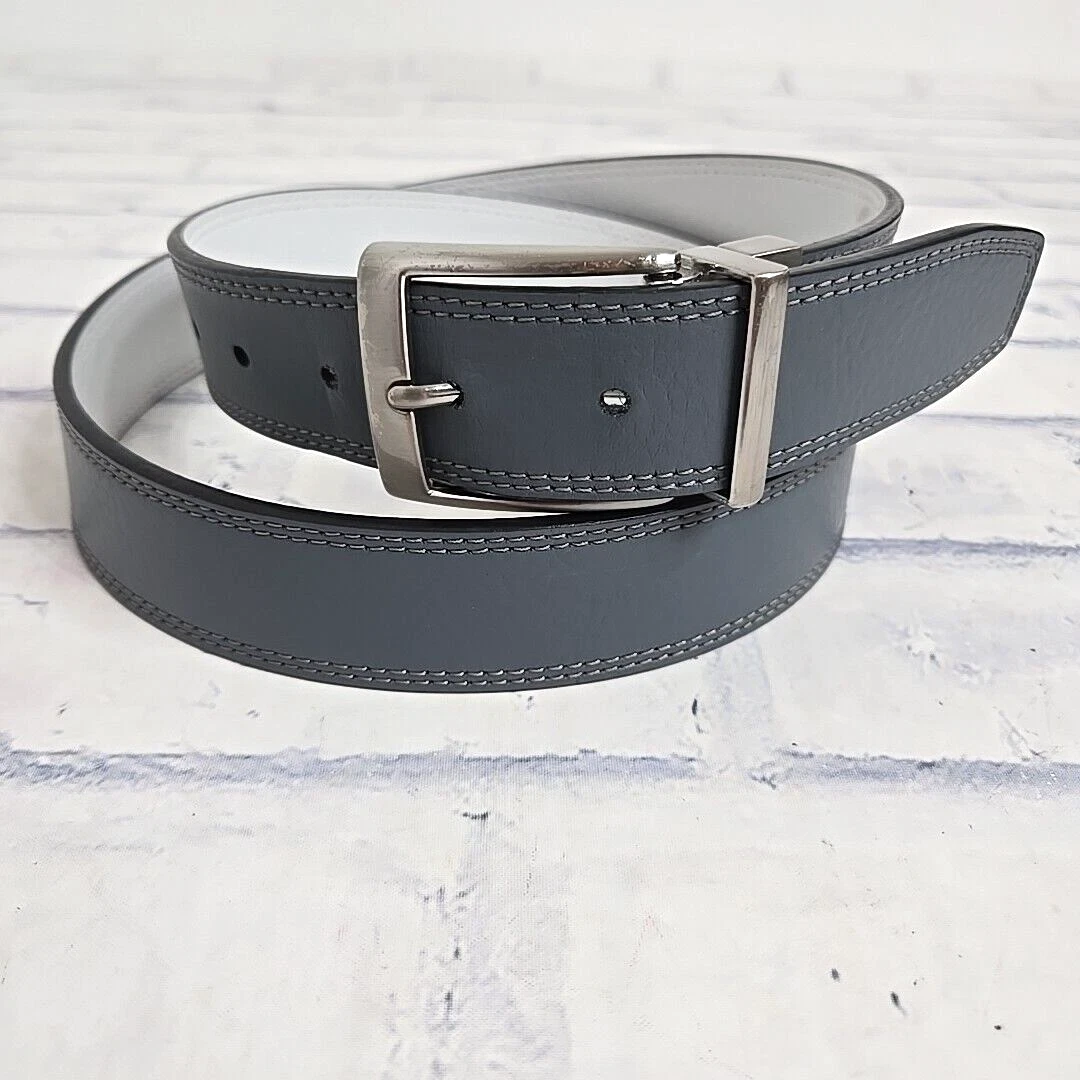 Cintura Nike Uomo 40 Golf Reversibile Pelle Grigio Bianco Argento Fibbia Logo Swoosh