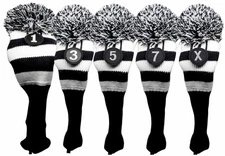 1 3 5 7 X Set Vintage Pom Pom Retro Head Covers Knit Sock Black Golf Club Cover