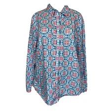 Charter Club Pattern Long Roll Sleeve Blouse Women Size 18 Relax Fit Button Down