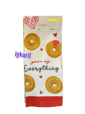 Everything Bagel With Hearts Kitchen Towels Set Of 2, 16x28 Inch New 100% Cotton