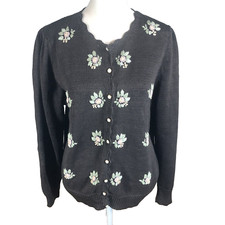 Vintage 90s Charcoal Gray Cardigan Sweater Womens L Embroidered Flowers Granny