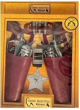 SILVER COMPLETE DOUBLE WESTERN HERO PLAY GUN SET HIGH STYLE belt cowboy sheriff