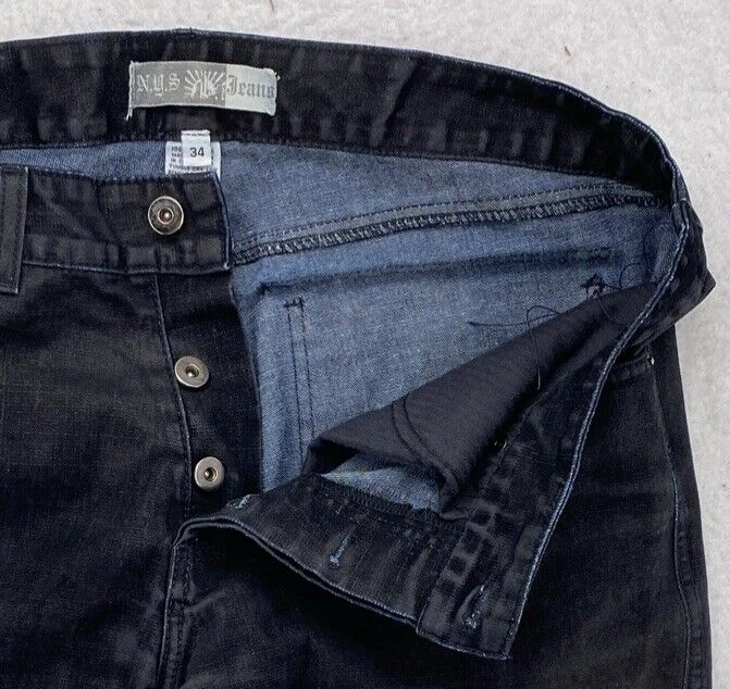 NYS Jeans Men 34 Velvet Denim Black Bell Bottom Made USA Flap Pockets Button Fly - Imagem 4 de 4