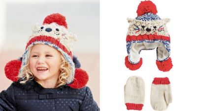 Next Mädchen Strick Set Mütze + Handschuhe Fäustlinge Katze Gr 6-12 Monate 68-80