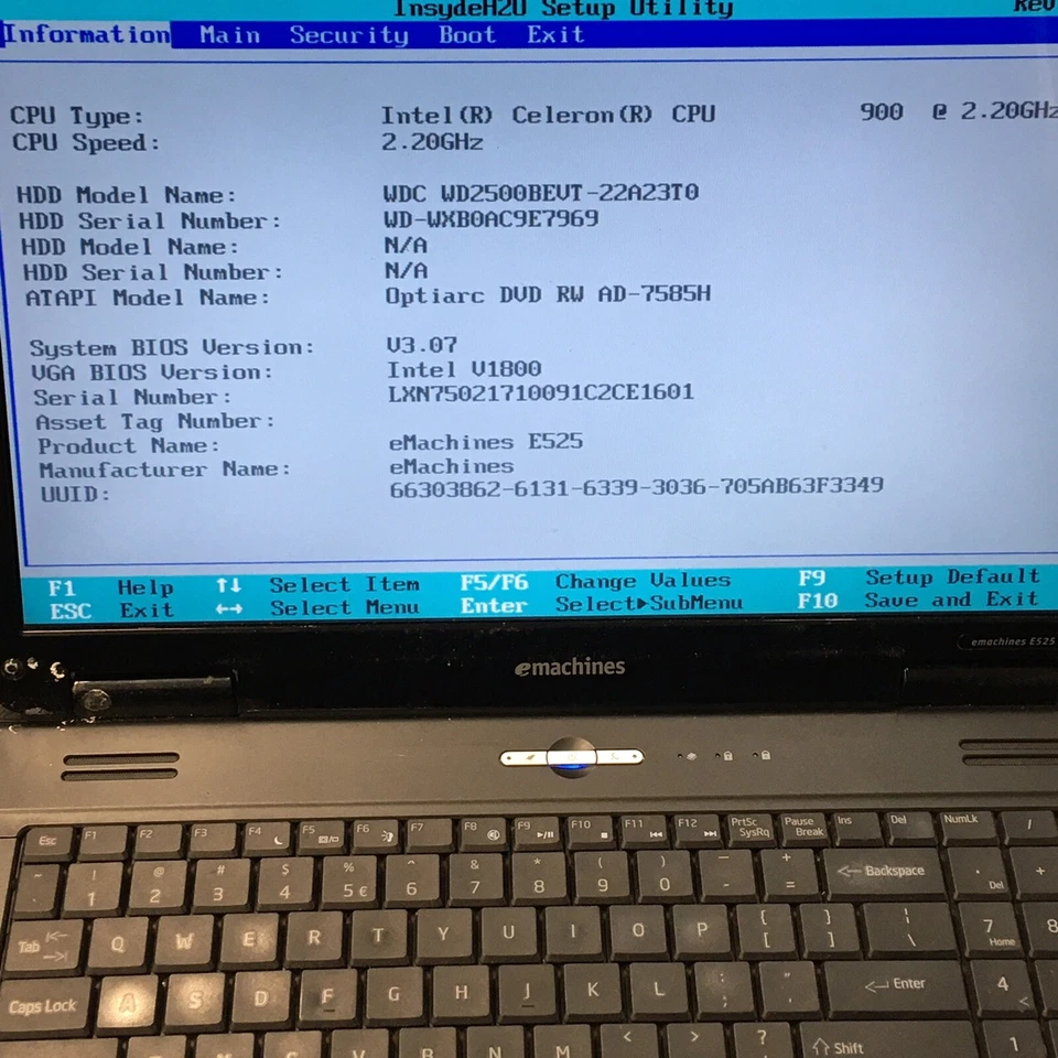 EMachines E525 15.6" Laptop Celeron CPU 900 2GB 250GB Boot/BIOS No OS H2551 - Image 2 of 4