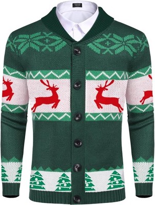 Men's Ugly Xmas Sweater Knitted Reindeer Snowflake Cardigan Shawl Collar Holiday