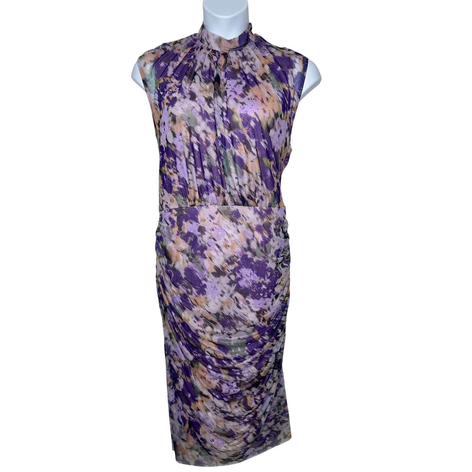 Vestido Chicos Malla Acanalada Talla 3 XL Púrpura Cuello Simulado Midi Sin Mangas Fiesta Elegante