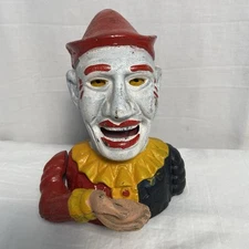 Vtg Cast Iron Clown Coin Tossing Bank Moving Arm Mechanical Eyes,Tongue Works!