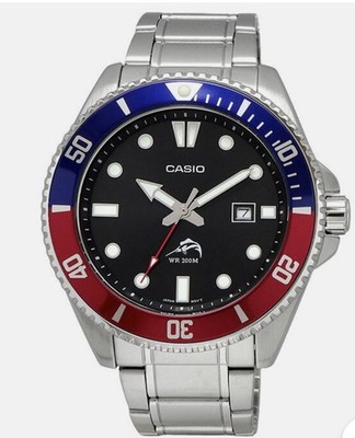 Casio Silver Watch with Black Dial and Red & marlin  Blue Bezel