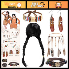 5 Pcs Halloween Native Costume Accessories Set - Braids Wig, Feather Headdress,