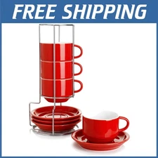 Red Cappuccino Cups with Saucers - 8 oz Porcelain Set of 4