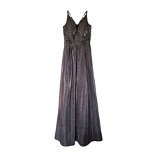 Crystal Doll Black Purple Silver Glitter V-Neck Strappy Long Gown Dress Size 5