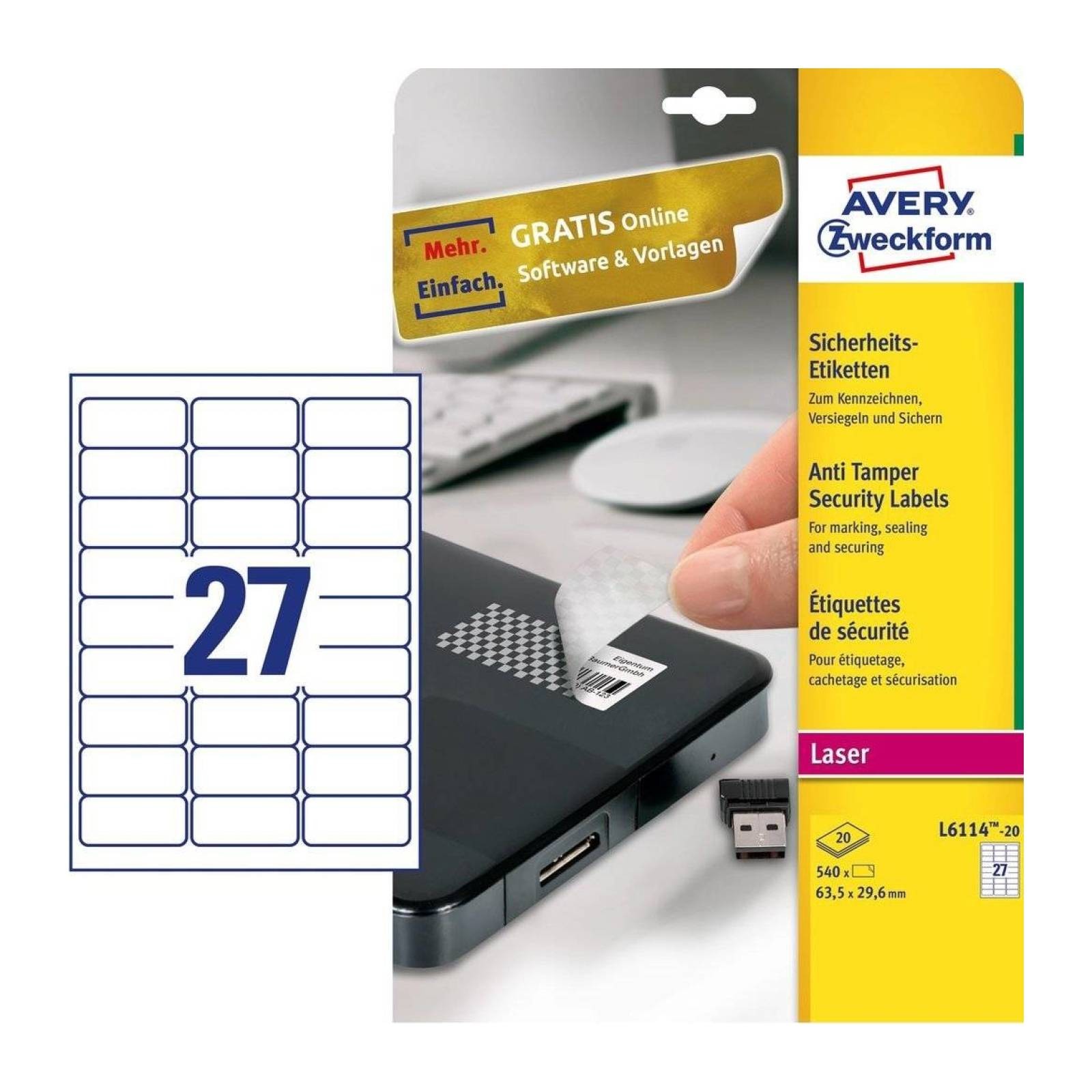 Avery White 63.5 x 29.6mm Self Adhesive Anti-Tamper Labels - 27 Per Page - 20 Sh