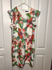 Tommy Hilfiger Womens Ivory Ruffle Sleeve Floral Party Sheath Dress Size 12