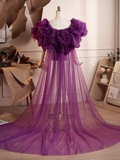 Women Purple red Wedding tulle Capes Cloak Bridal Wraps Ruffles jacket Train