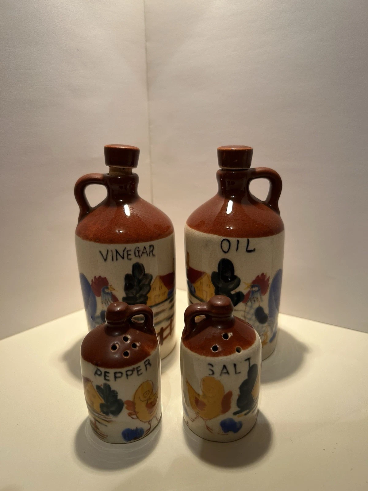 4 Piece Table Containment Set S & P, Vinegar, Oil Ceramic Farm/Chicken Motive