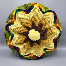 Vtg Crochet Round Granny Throw Pillow Yarn Ruffled Handmade Green Yellow Brown