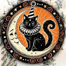 Halloween Themed Round Black Cat Moonlight Tin Metal Signs Home D cor 8x8