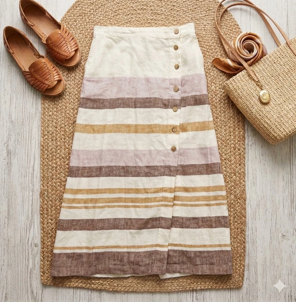 Rachel Zoe Linen Skirt Size M Striped Side Buttons Front Slit & Pockets Modest
Opens in a new window