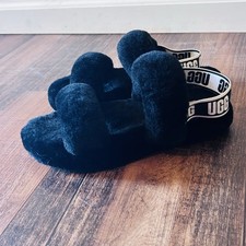 UGG Oh Yeah Black Fuzzy Shearling Sandals Slides Slippers Fluffy Straps Youth 4