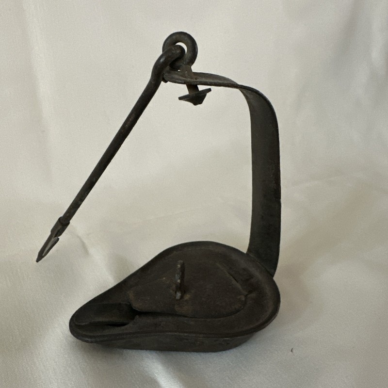 Antique Wrought Iron Betty Lamp, With Hinged Lid & And Latch, 