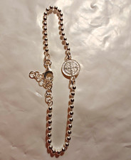 Sterling .925 Saint Benedict Medal Dangle Charm Ball Bead Bracelet Adjustable a6