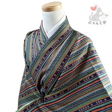 Nyankotei Ni33 Kimono Washable Synthetic Fiber Green Fine Pattern Vertical Stri