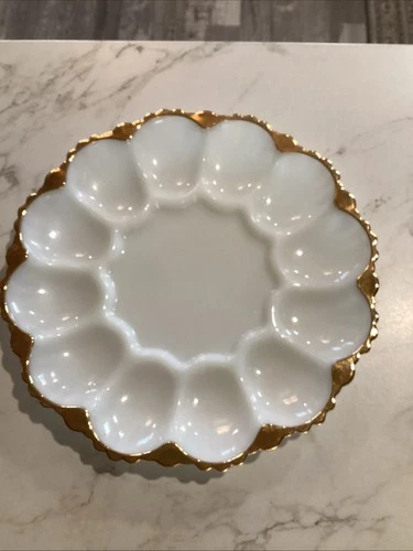Vintage Anchor Hocking Milk Glass Deviled Egg Plate w/Gold Trim/Edging